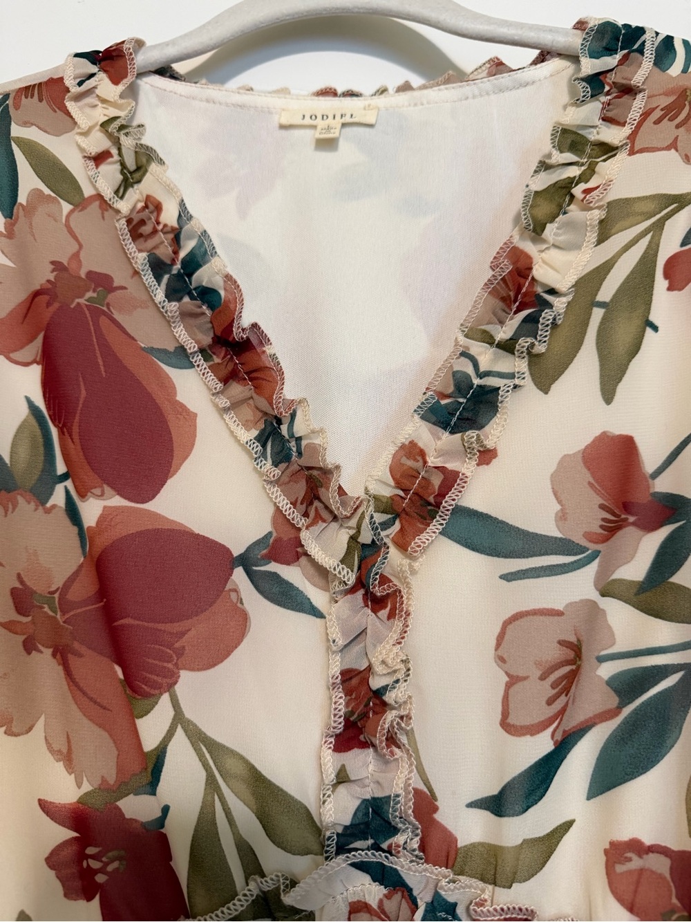 JODIFL Cream Midi Dress with Red & Green Floral Print - Picture 2 of 5